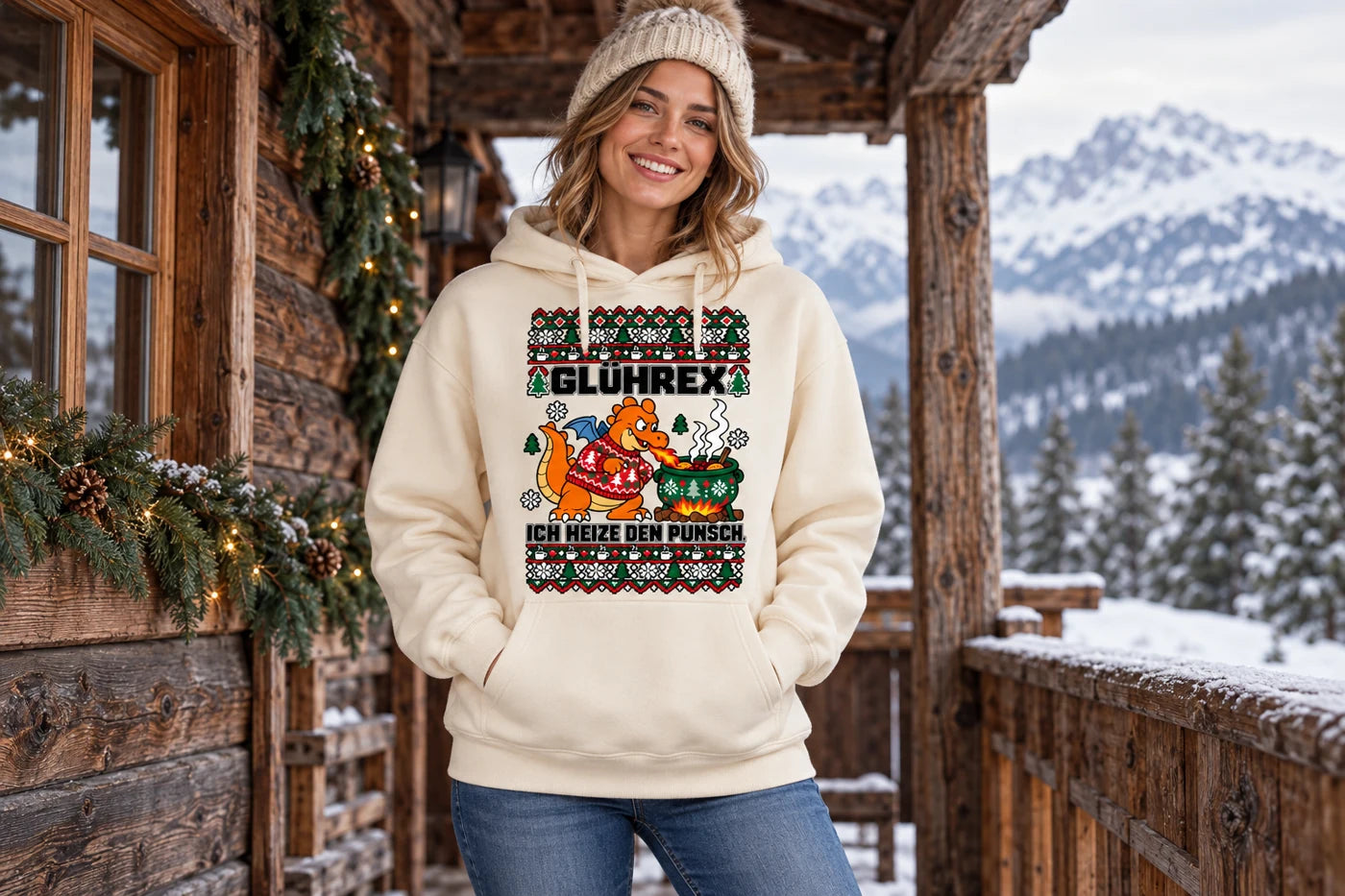 Glührex Christmas Hoodie in White Sand mit Weihnachtsmotiv