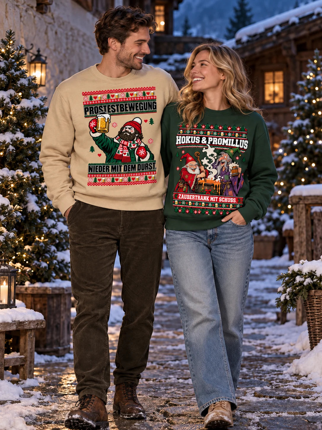 Zwei Freunde mit Prostestbewegung und Hokus & Promillus Christmas Sweatern in einem winterlichen Innenhof