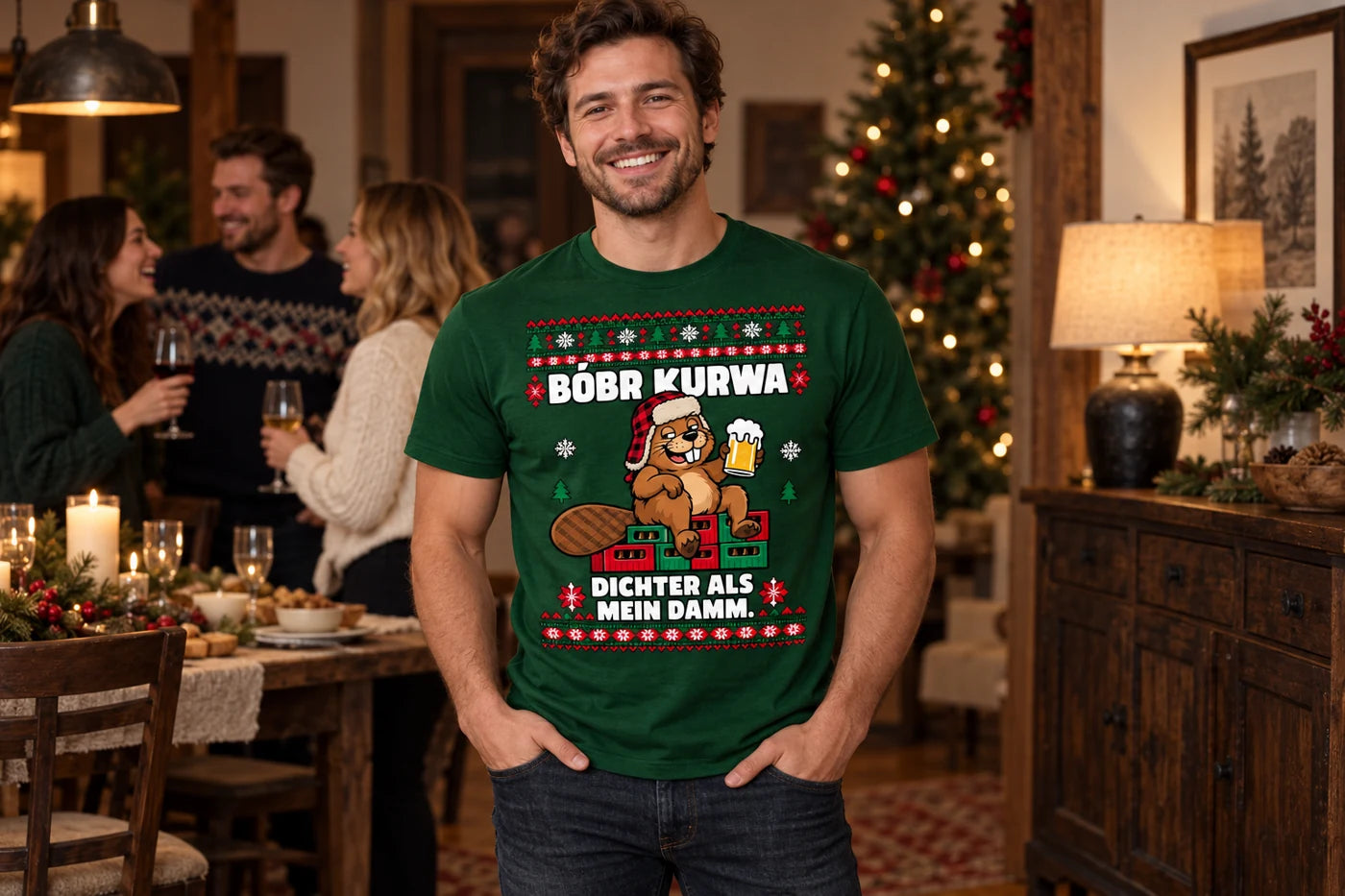 Grünes Bobr Kurwa Weihnachtsshirt bei einer Weihnachtsfeier